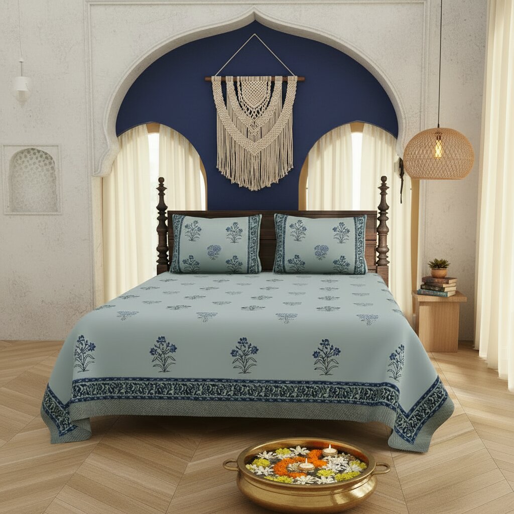 Powder Blue Indigo Floral Hand Block Print King Size Bedsheet | 400 TC 100% Pure Cotton