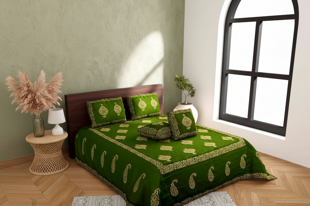 Mahendi Green Khadi Silk Hand Block Print Double Bedsheet | 240 TC | 5 Piece Set