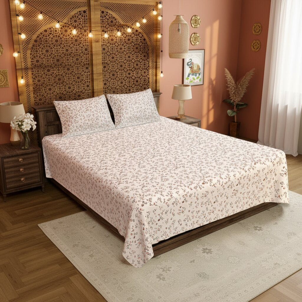 Nocturnal Vernal Petals Double Bedsheet | Premium Floral Cotton Bedsheet with 2 Pillow Covers