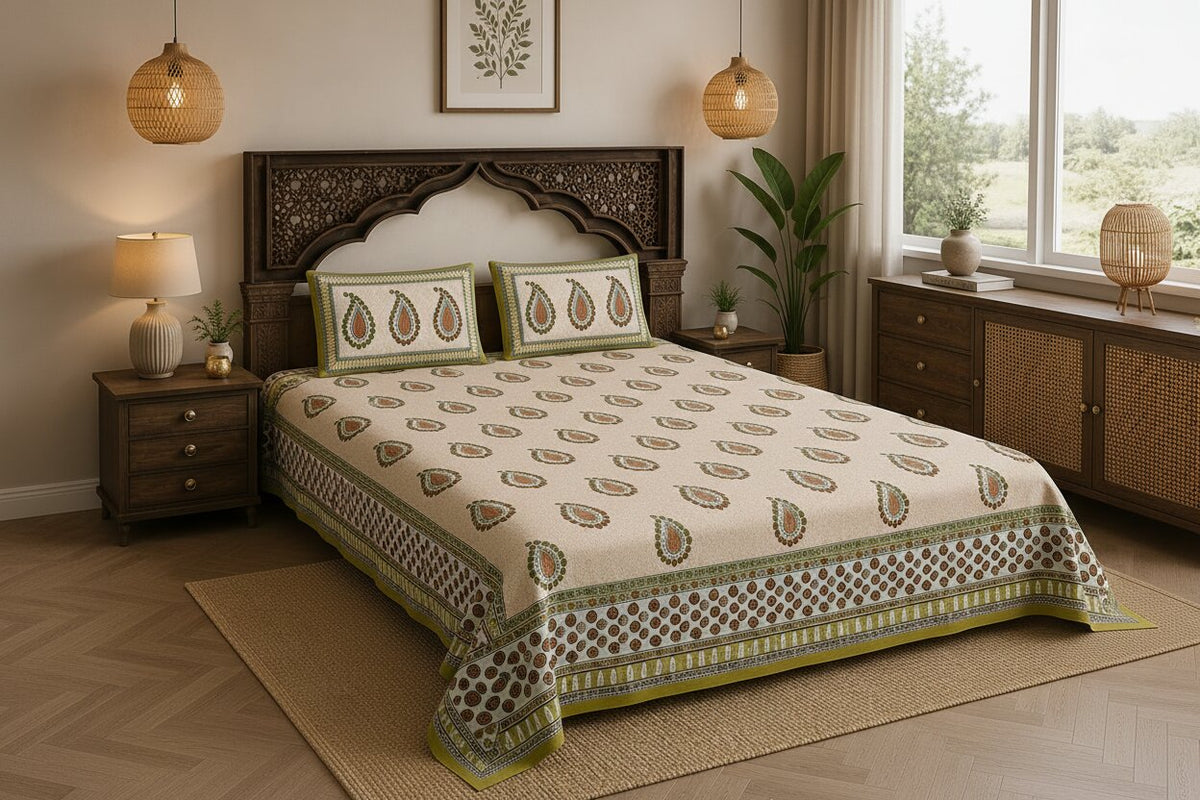 Yellow Border Paisley Print Double Bedsheet | 100% Pure Cotton | With 2 Pillow Covers