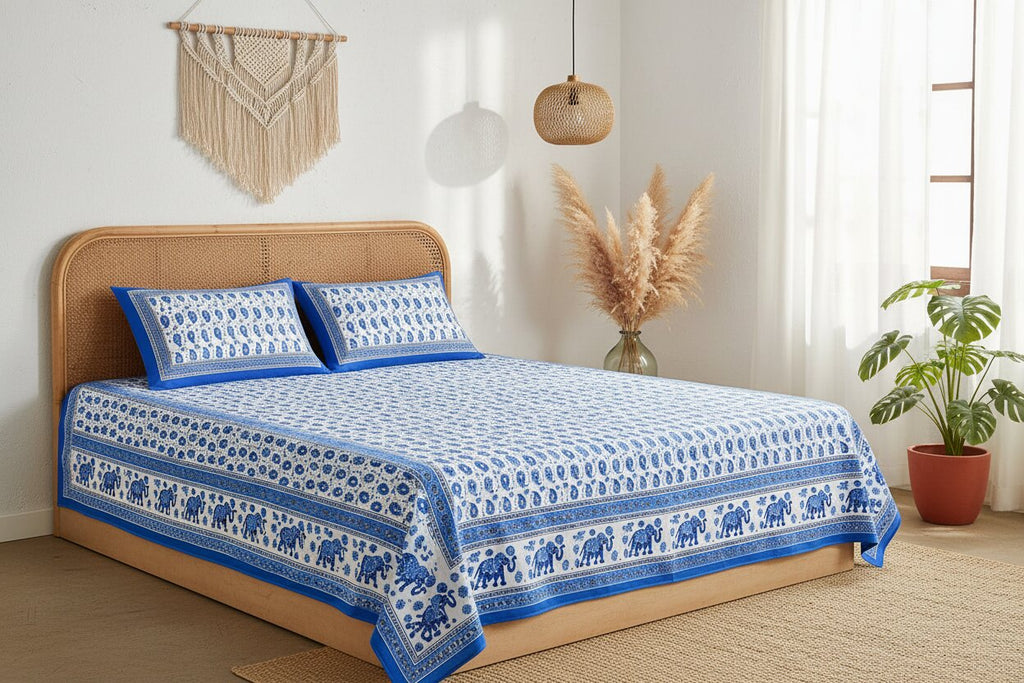 Double Bedsheet Paisley Sky Blue with Gold Print | 100% Pure Cotton | 180 TC | Set of 3 | MVB YUGVIGYANA