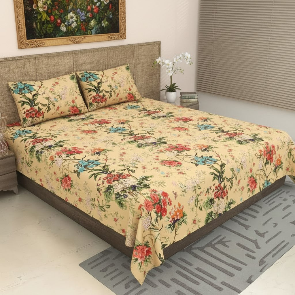 Golden Beige Tropical Floral Bouquet Pure Cotton King Size Bedsheet
