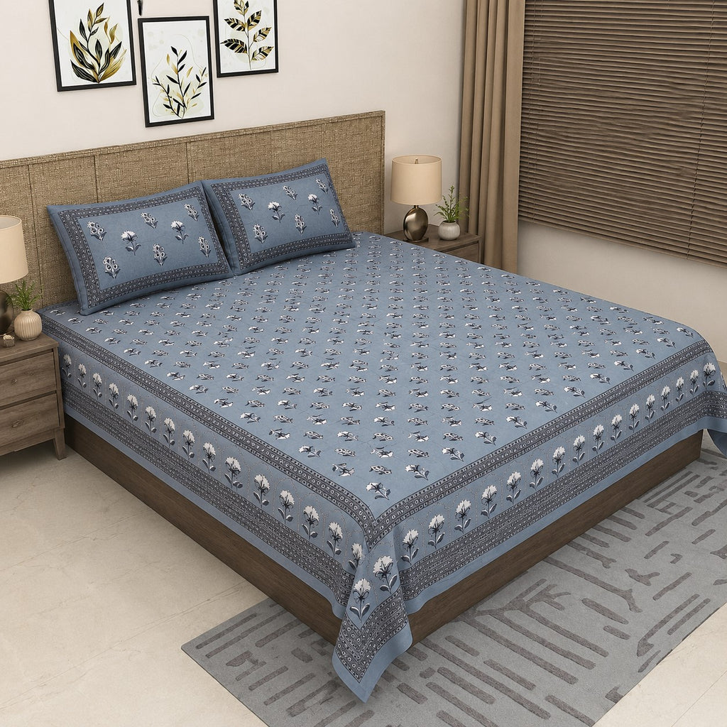 Dusty Blue Royal Rose Buti Pure Cotton King Size Bedsheet with 2 Pillow Covers