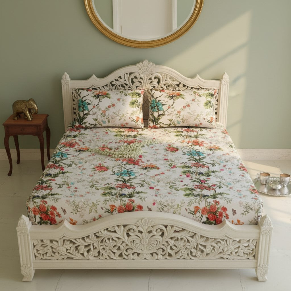 Off-White Tropical Floral Bouquet Pure Cotton King Size Bedsheet