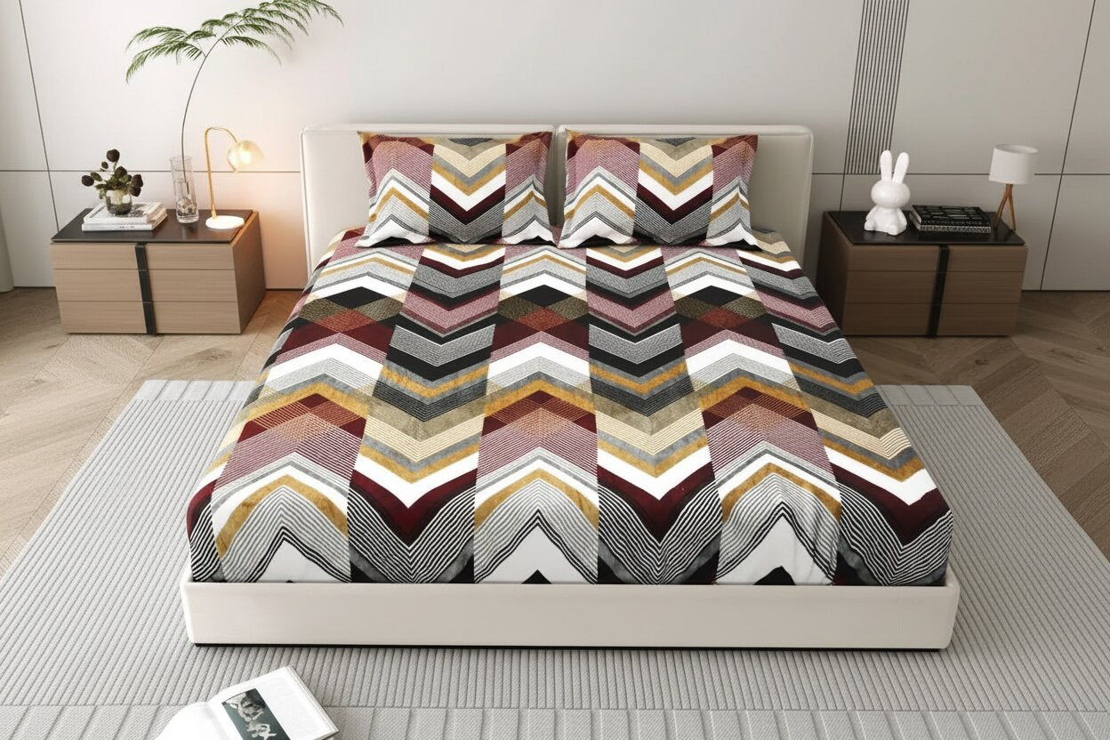 MVB Zigzag Elegance Cozy Super Soft Velvet Double Bedsheet with Matching Pillow Covers