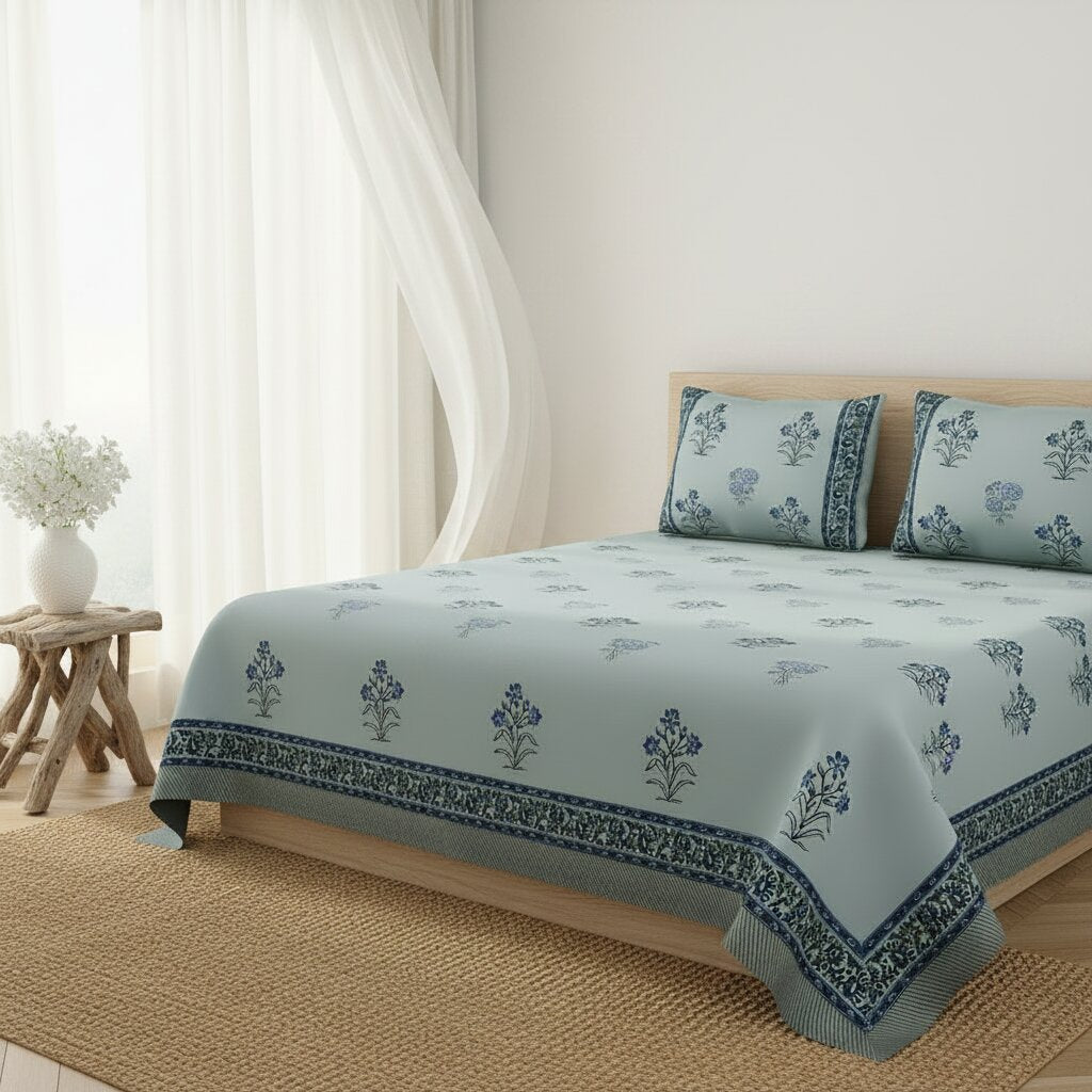 Powder Blue Indigo Floral Hand Block Print King Size Bedsheet | 400 TC 100% Pure Cotton