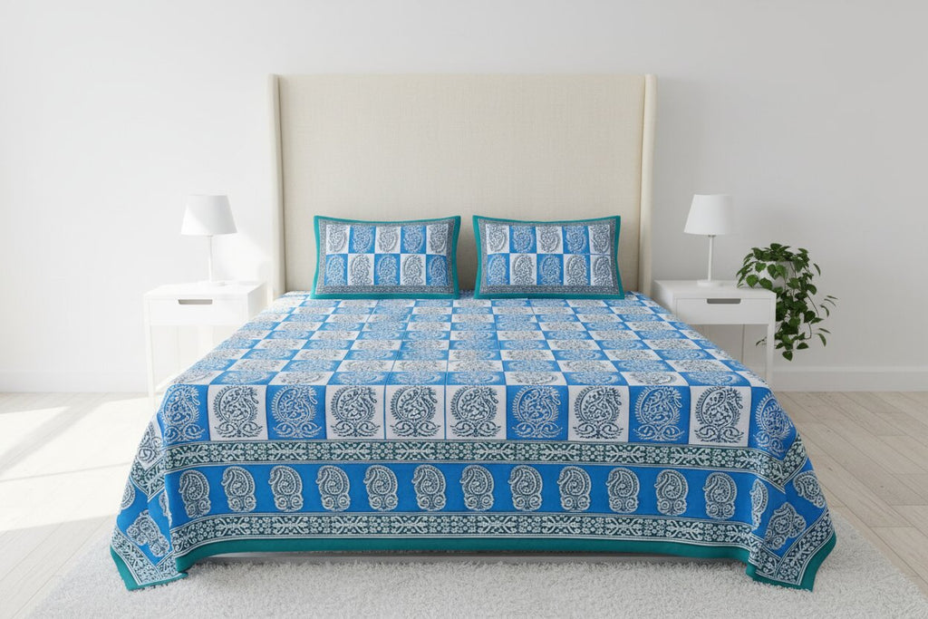 Double Bedsheet Sky Blue Checkered Design | 100% Fine Cotton | 240 TC | Set of 3 | MVB YUGVIGYANA