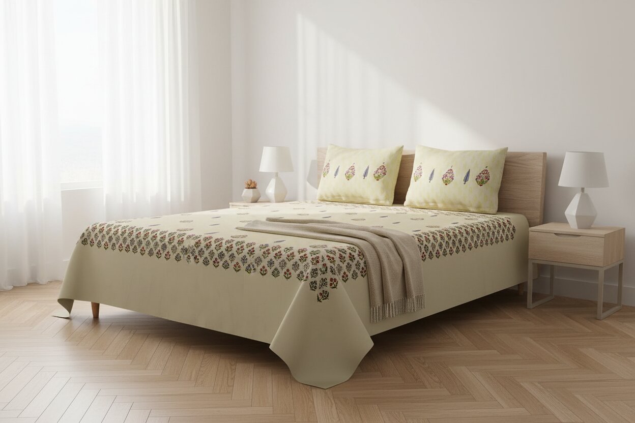 Cream Base Multi-Color Floral Motif Hand Block Print King Size Bedsheet | 100% Pure Cotton