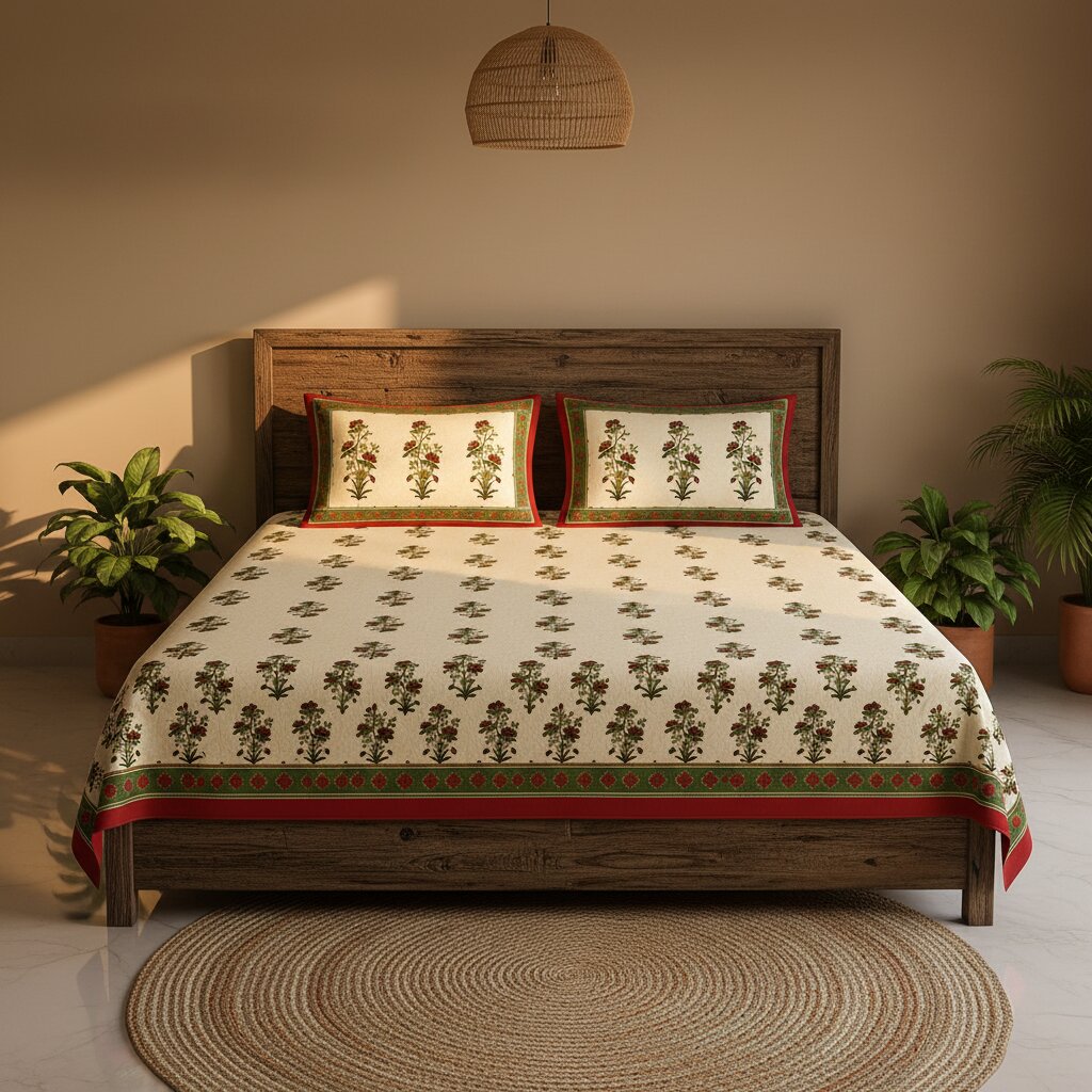 Red Border Vintage Floral Print Double Bedsheet | 100% Pure Cotton | 274x228 cm with 2 Pillow Covers