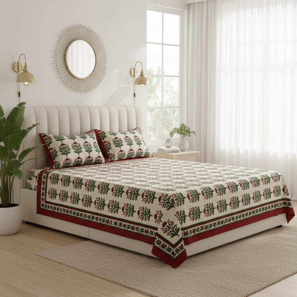 Red Border Vintage Floral Print Double Bedsheet | 100% Pure Cotton | 274x228 cm with 2 Pillow Covers