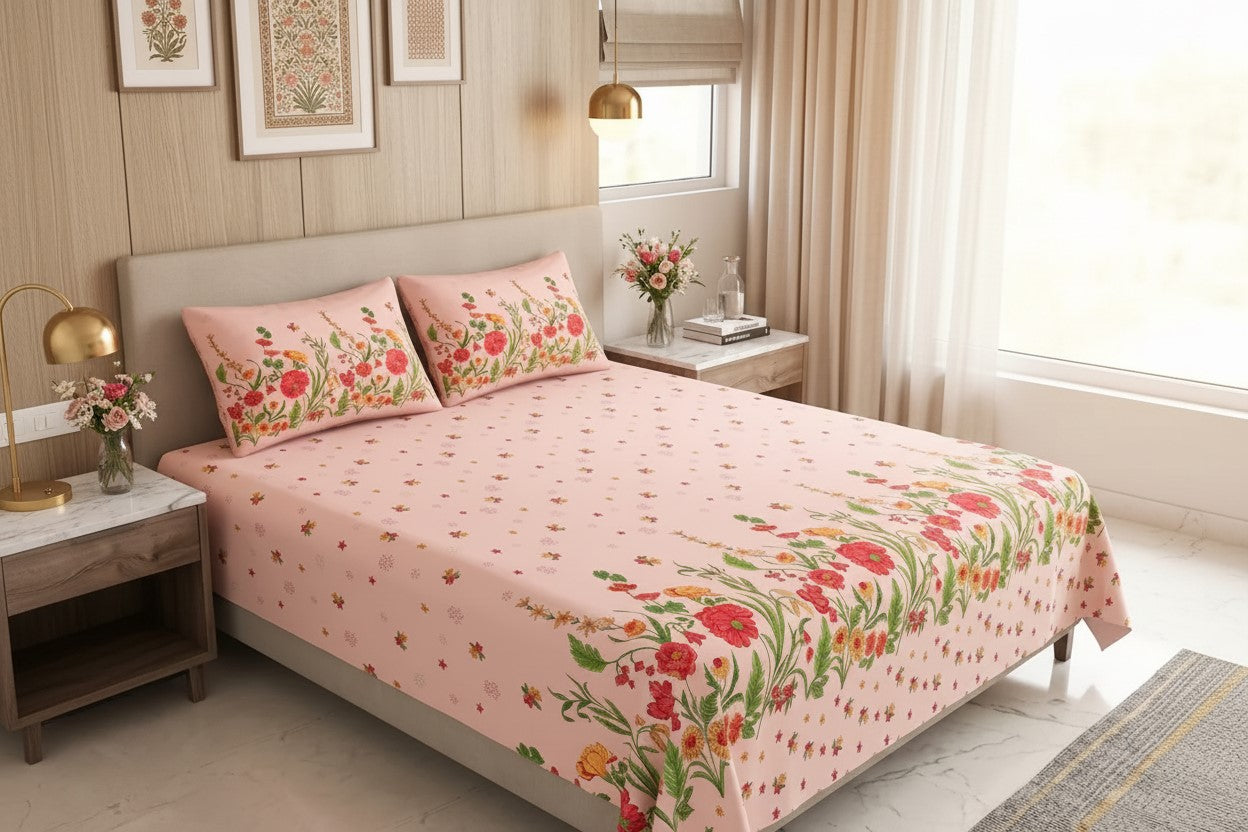 Baby Pink Poppies in Bloom Pure Cotton King Size Bedsheet