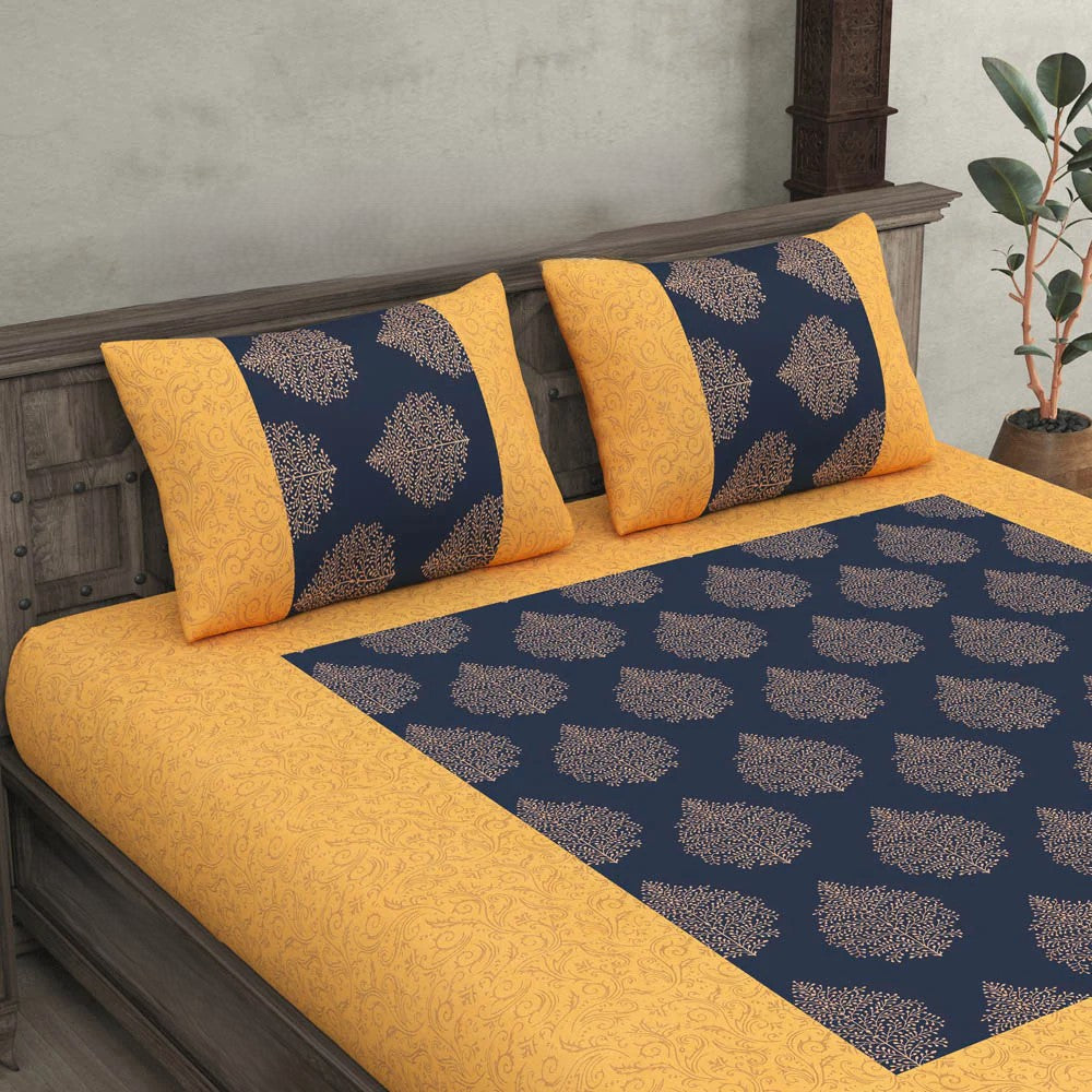 Patola Gold Navy Blue Paan Festive Cotton BedSheet | 100% Pure Cotton | 280 TC | Double Bed | 3 Pcs Set
