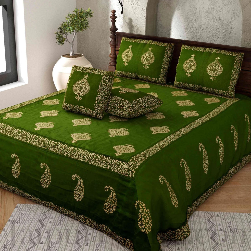 Mahendi Green Khadi Silk Hand Block Print Double Bedsheet | 240 TC | 5 Piece Set