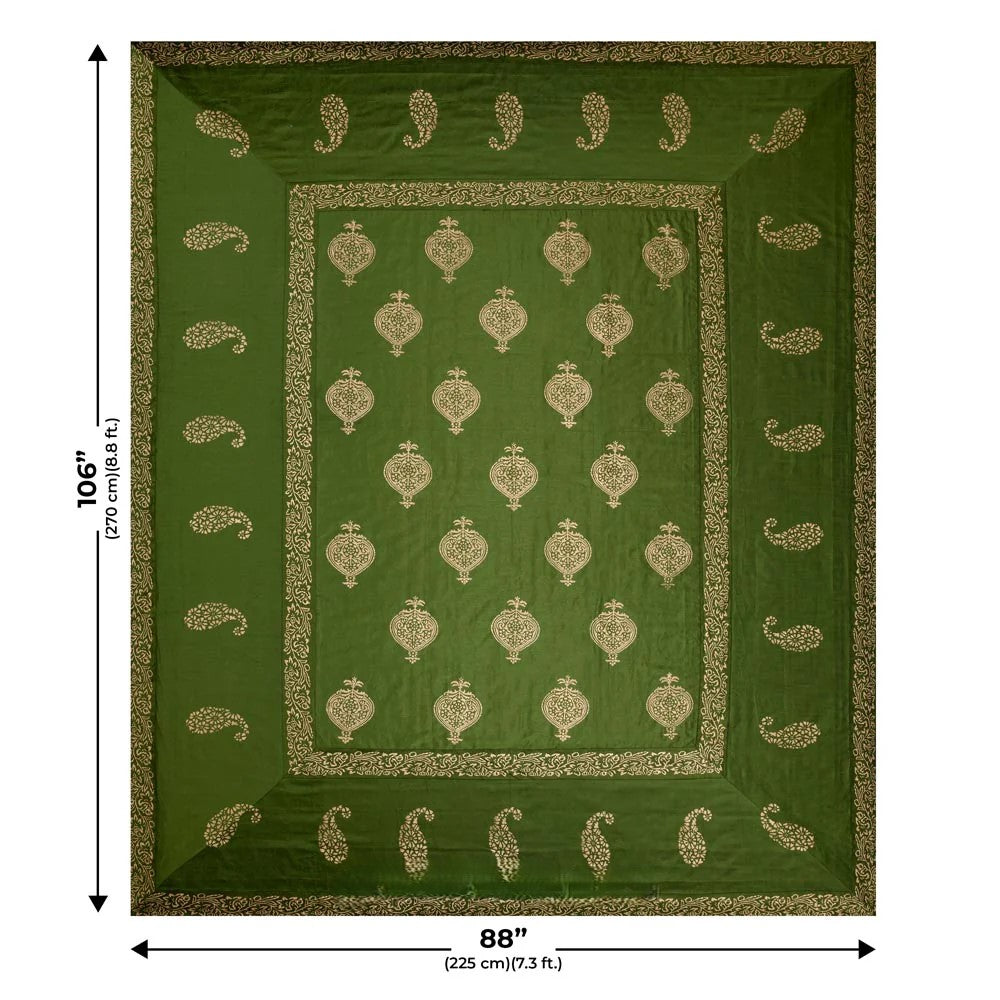 Mahendi Green Khadi Silk Hand Block Print Double Bedsheet | 240 TC | 5 Piece Set