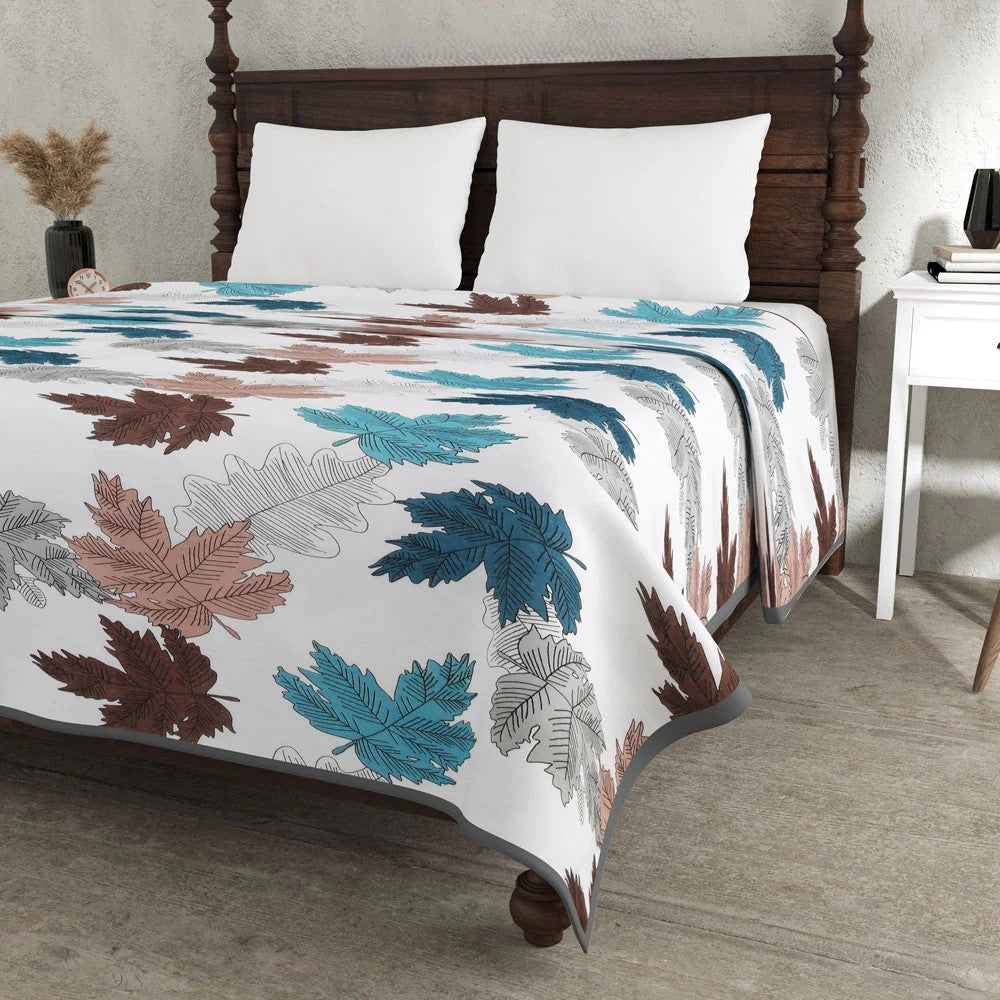 Maple Leaf MultiColor Double Bed Dohar Blanket | 100% MulMul Cotton | Reversible | 240x216 cm