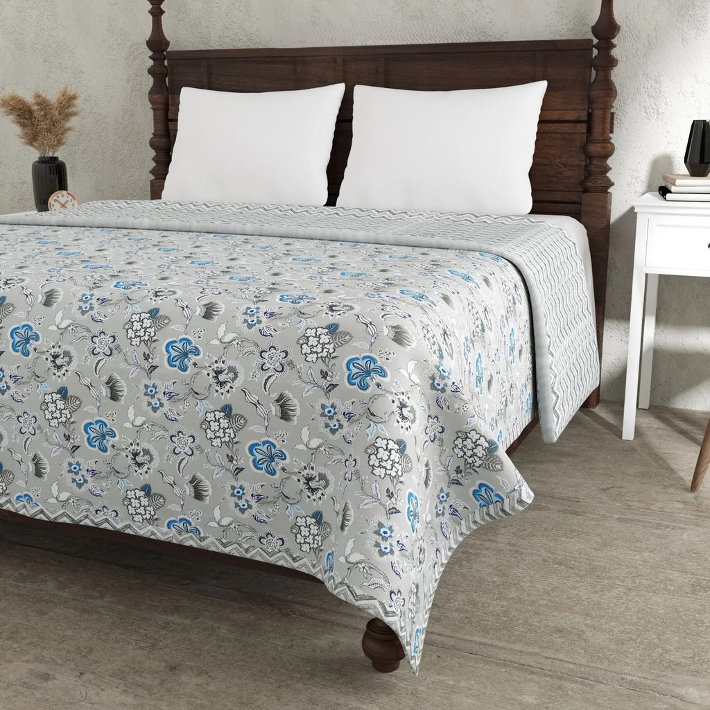 Silver Petals Grey Floral Reversible Double Bed Dohar 100% MulMul Cotton 240x216 cm – MVB Yugvigyana