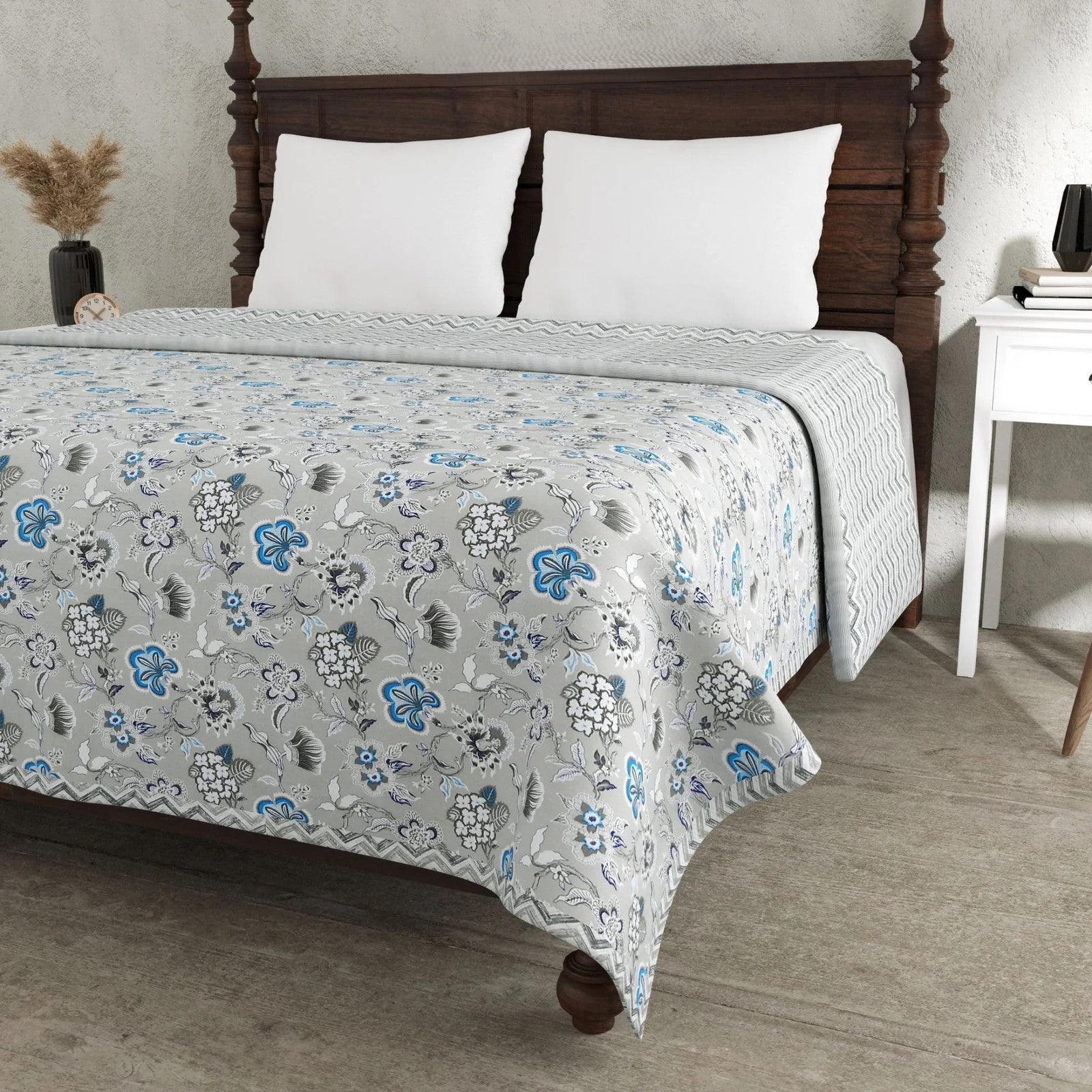 Silver Petals Grey Floral Cotton Reversible Double Bed Dohar | 100% MulMul Cotton | 240x216 cm