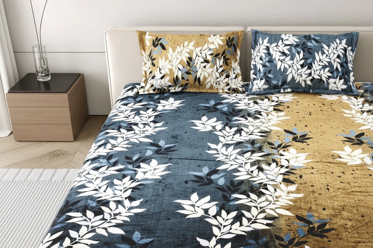 MVB Midnight Gold Vine | Super Soft Velvet Double Bedsheet with 2 Pillow Covers
