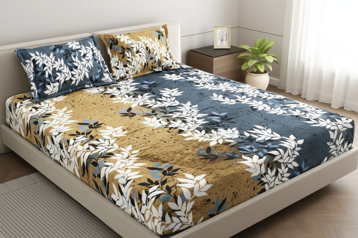 MVB Midnight Gold Vine | Super Soft Velvet Double Bedsheet with 2 Pillow Covers
