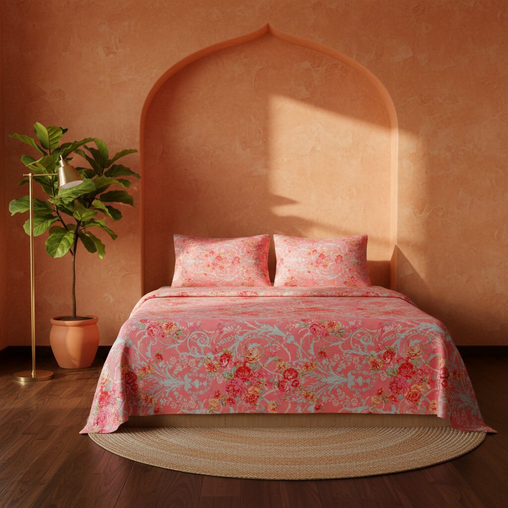 Rose Garden Bliss Double Bedsheet | 160 TC Poly Cotton | 2 Pillow Covers