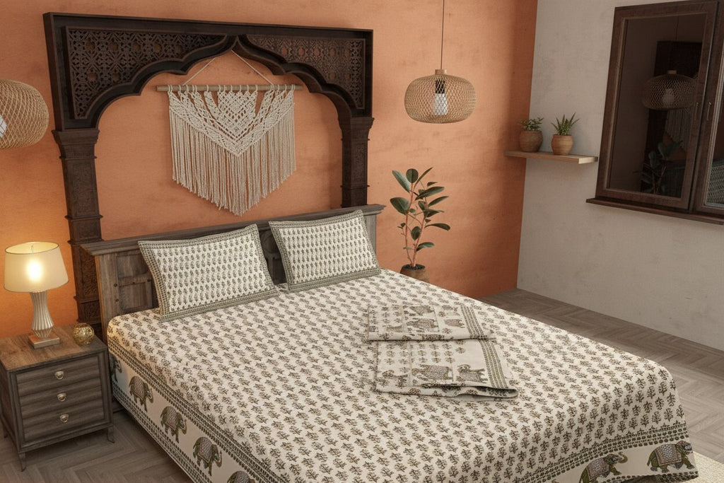 Creamy Caramel Motif Double Bedsheet | 100% Pure Cotton | 180 TC | With 2 Pillow Covers