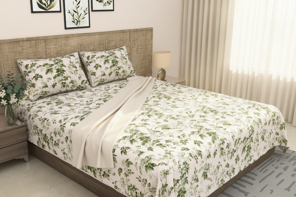 Green Leafy Vine Floral Pure Cotton King Size Bedsheet