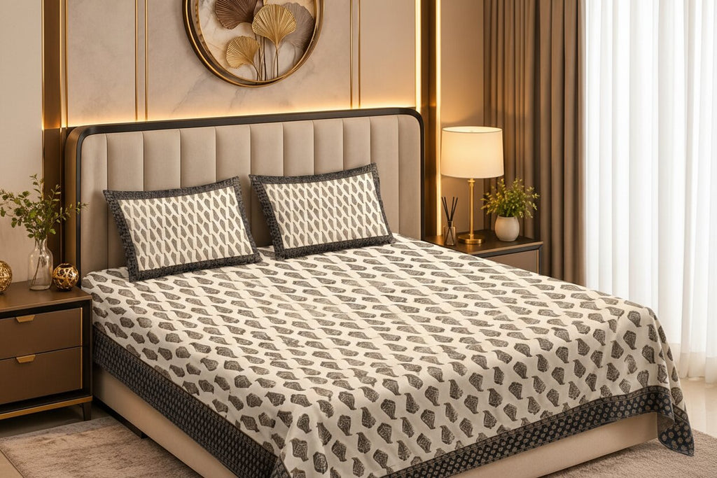 Black Gold Leafy Delights – Mercerised Cotton Double Bedsheet Set