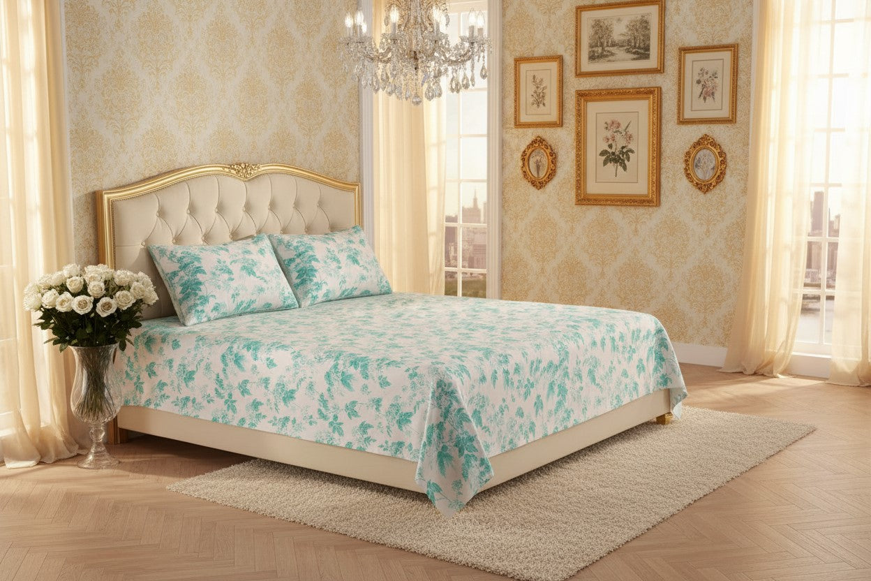 Aqua Leafy Vine Floral Pure Cotton King Size Bedsheet | Soft & Breathable | With 2 Pillow Covers