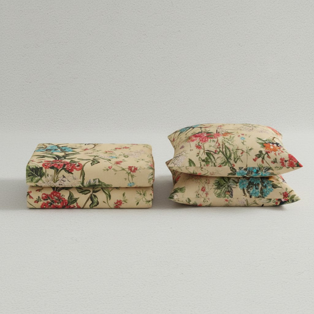 Golden Beige Tropical Floral Bouquet Pure Cotton King Size Bedsheet