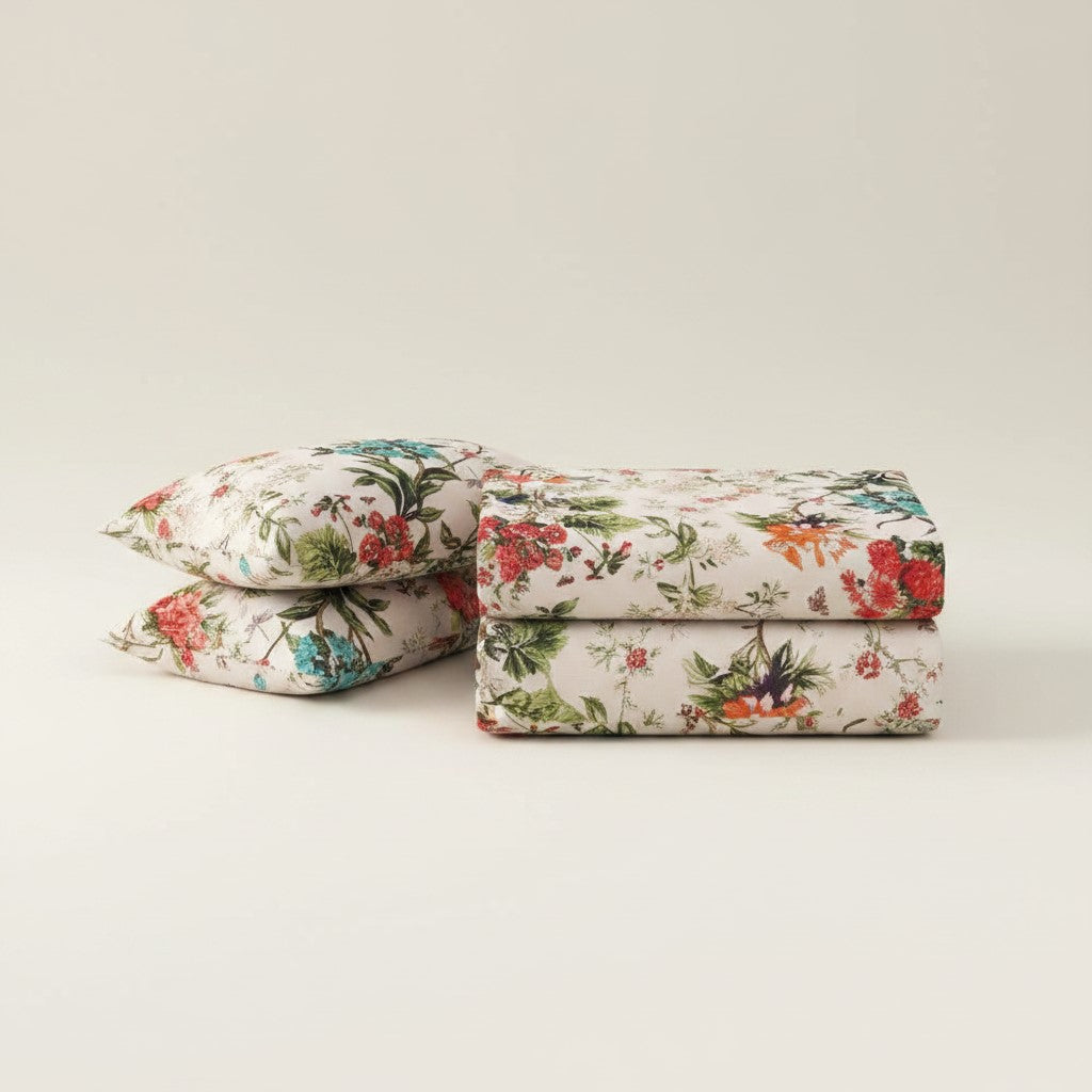 Off-White Tropical Floral Bouquet Pure Cotton King Size Bedsheet