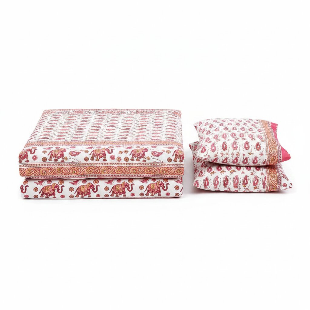MVB Double Bedsheet – Paisley Watermelon Pink with Gold Print | 100% Pure Cotton