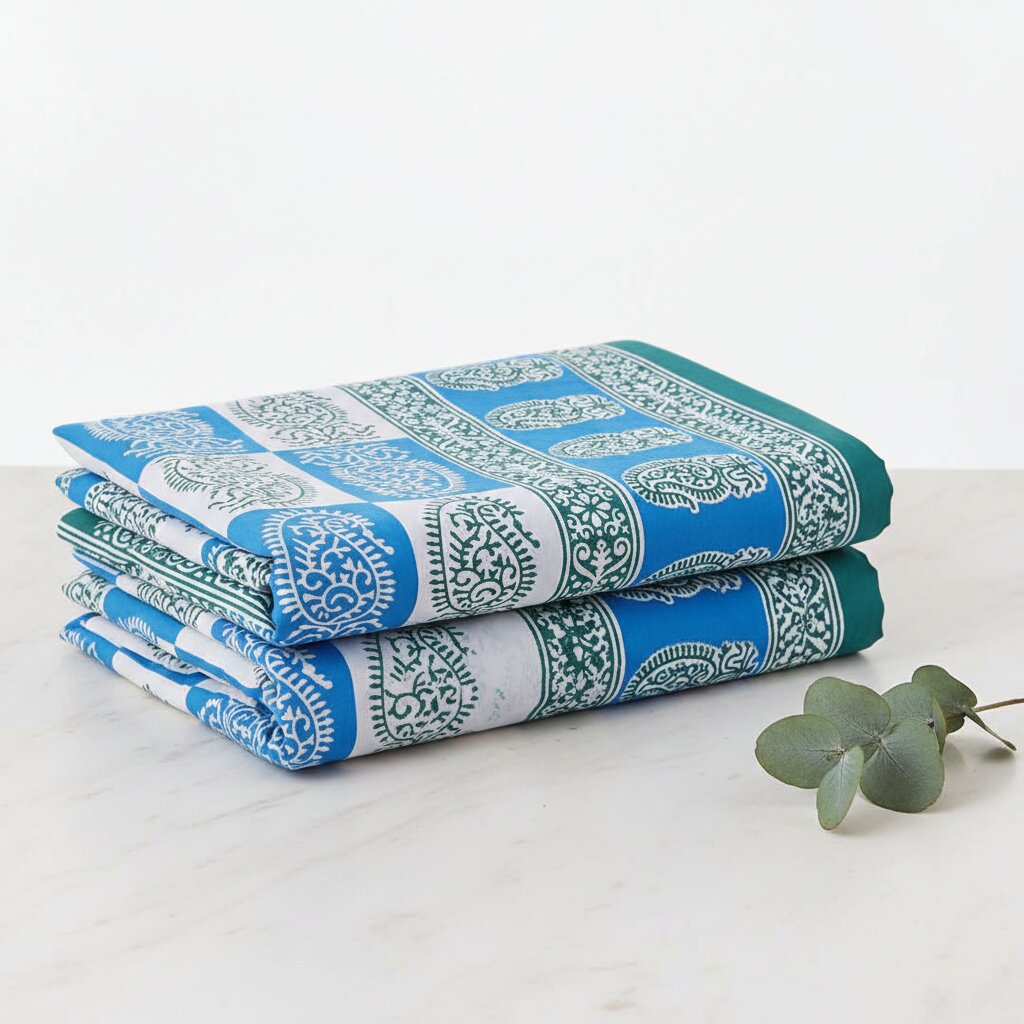 Double Bedsheet Sky Blue Checkered Design | 100% Fine Cotton | 240 TC | Set of 3 | MVB YUGVIGYANA