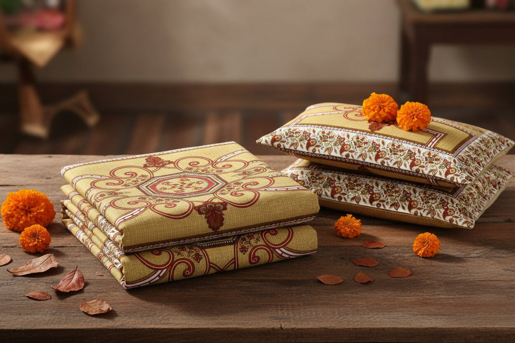 MVB Greenish Rangoli Cotton Double Bedsheet Set | 153 GSM | 2 Pillow Covers