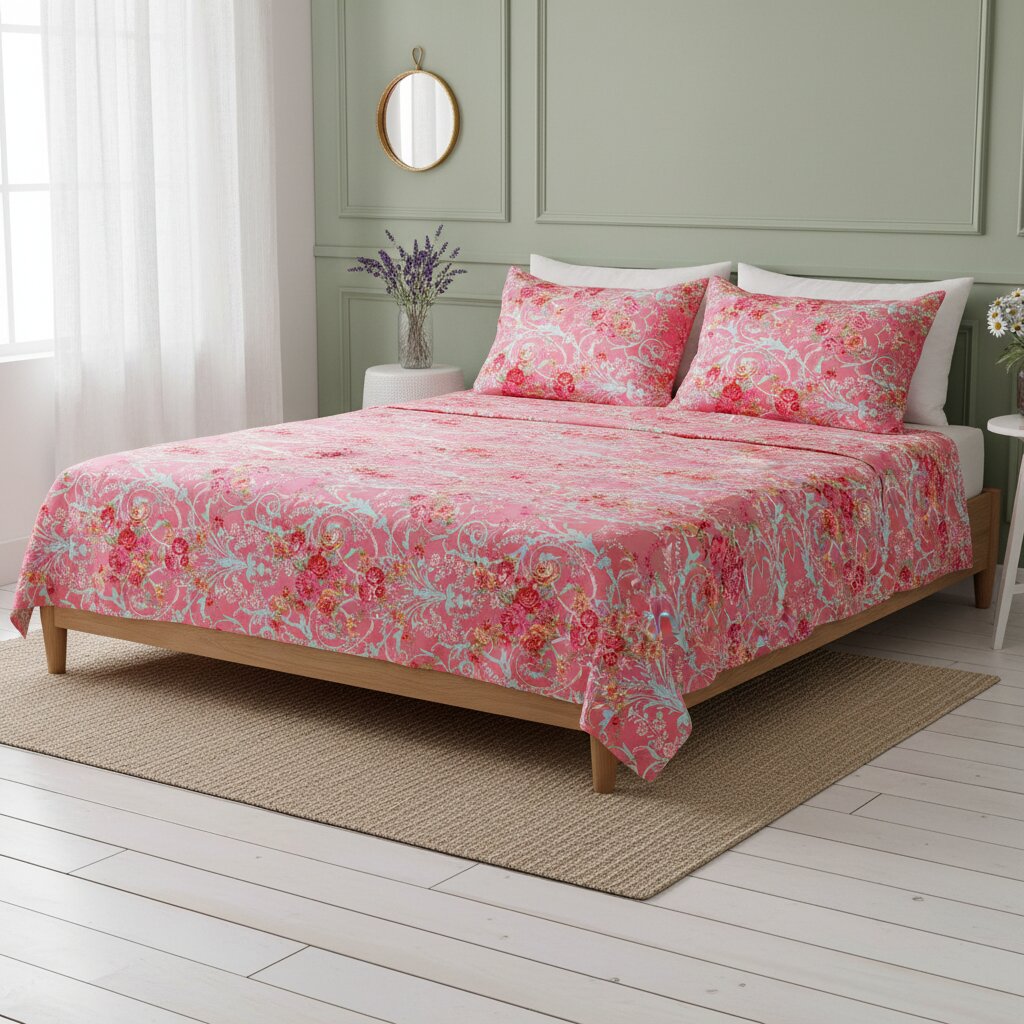 Rose Garden Bliss Double Bedsheet | 160 TC Poly Cotton | 2 Pillow Covers