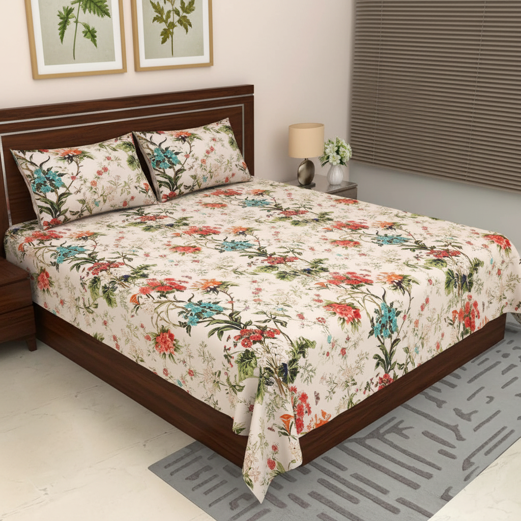 Off-White Tropical Floral Bouquet Pure Cotton King Size Bedsheet