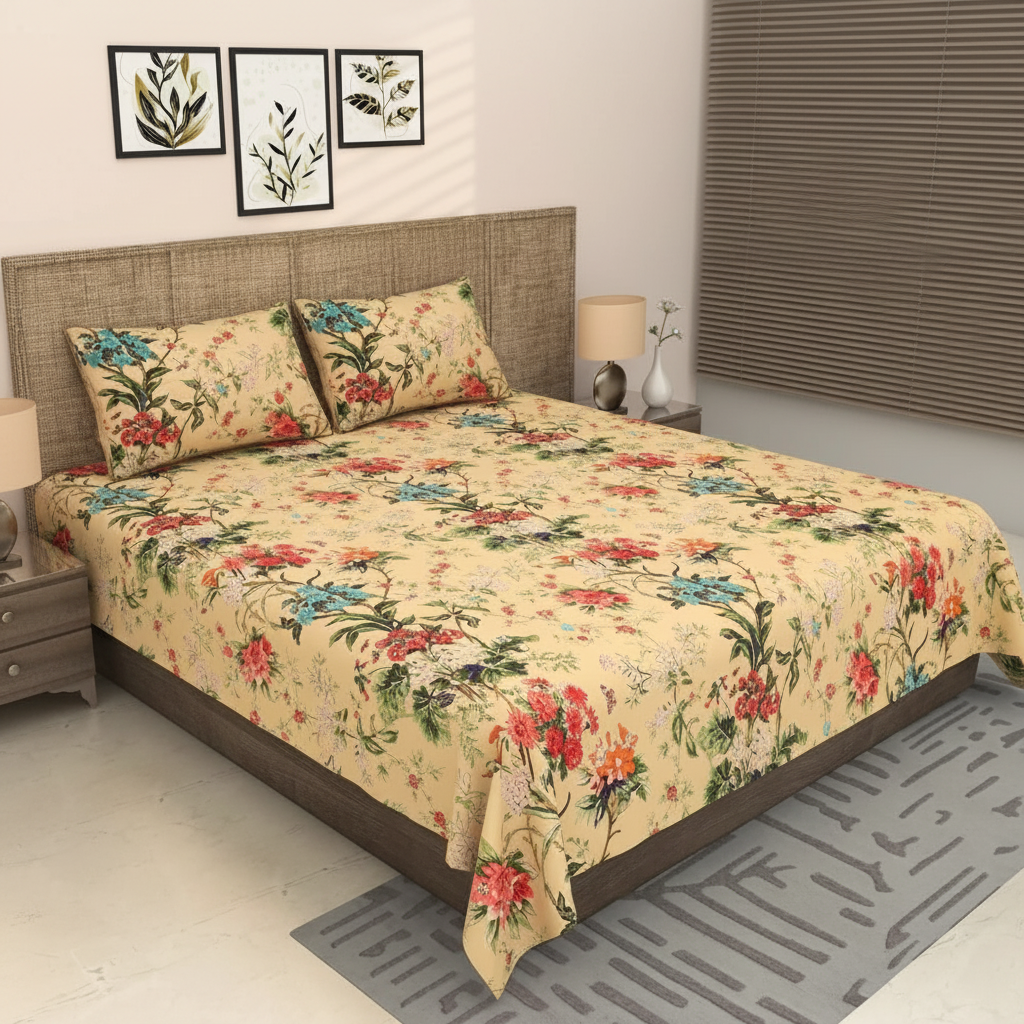 Golden Beige Tropical Floral Bouquet Pure Cotton King Size Bedsheet
