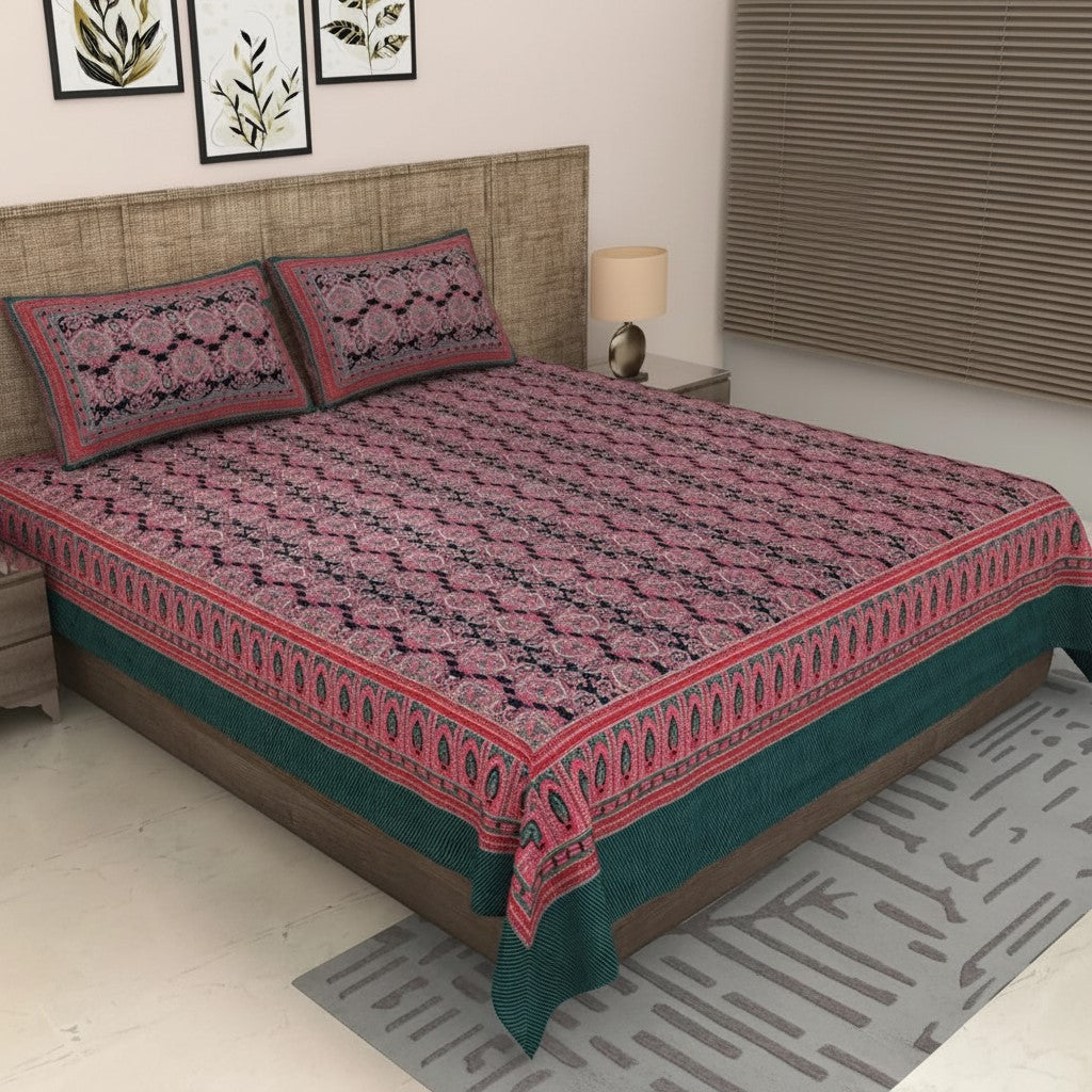 Navy Blue & Wine Traditional Medallion Print Pure Cotton King Size Bedsheet