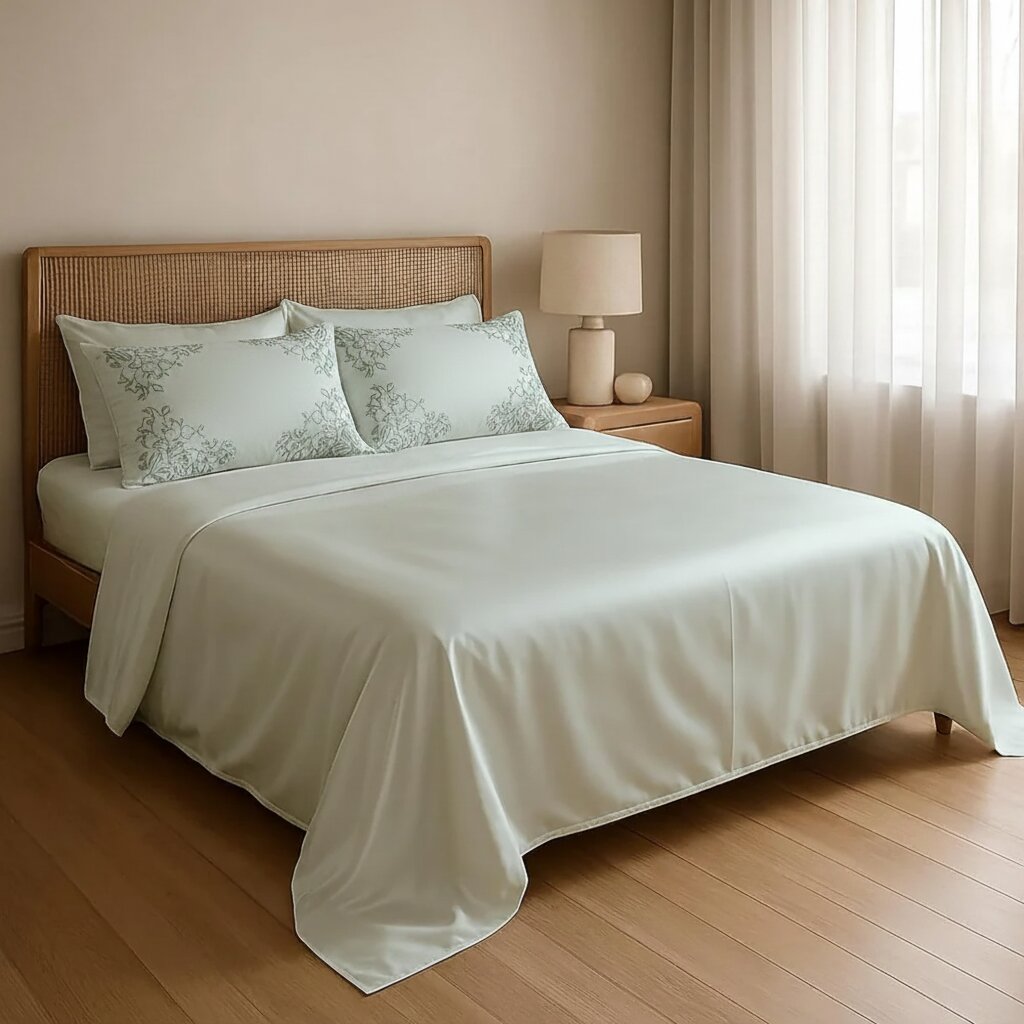 MVB UltraSatin Silk Flat Double Bedsheet | Beige Mint | 1 Flat Sheet + 2 Pillow Covers
