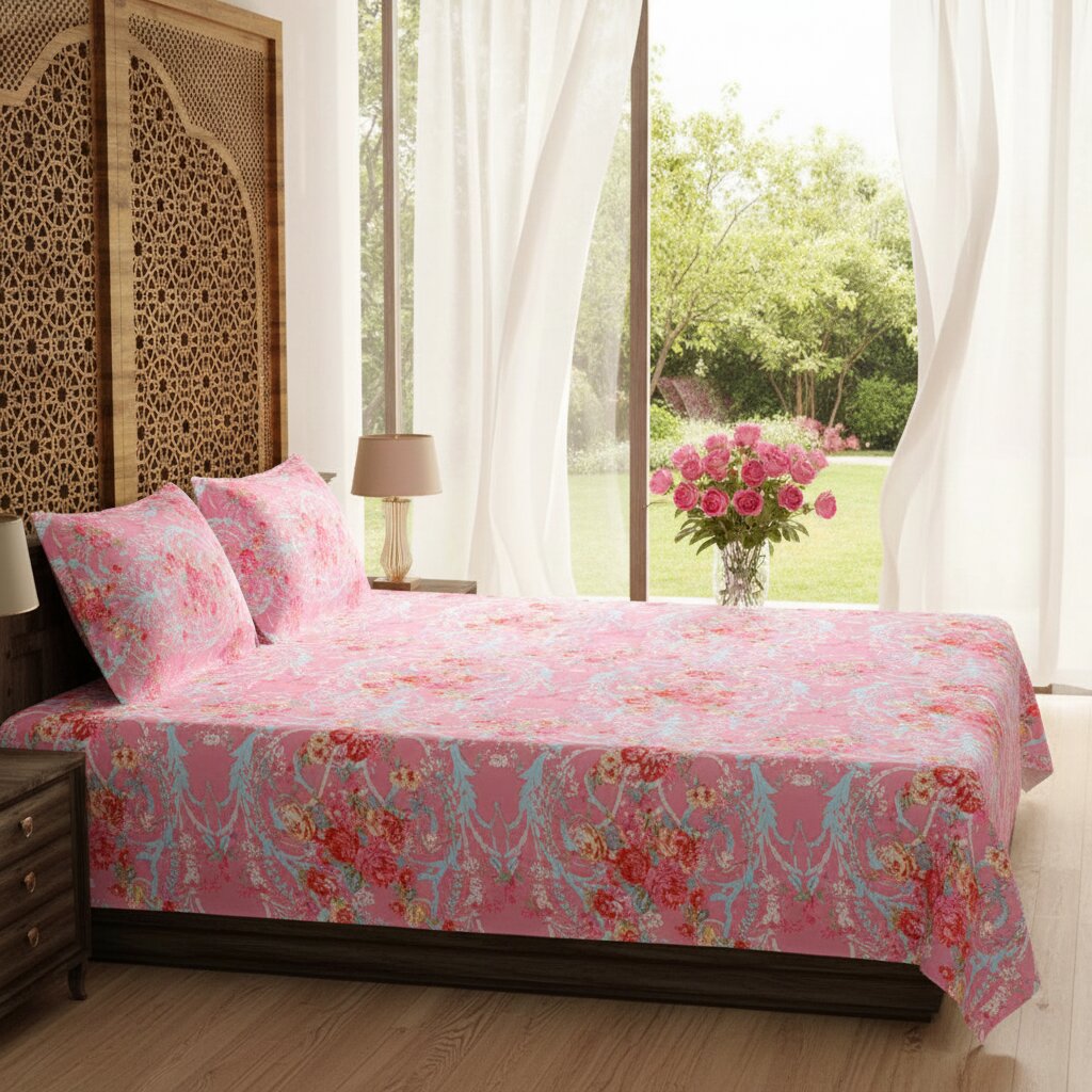 Rose Garden Bliss Double Bedsheet | 160 TC Poly Cotton | 2 Pillow Covers