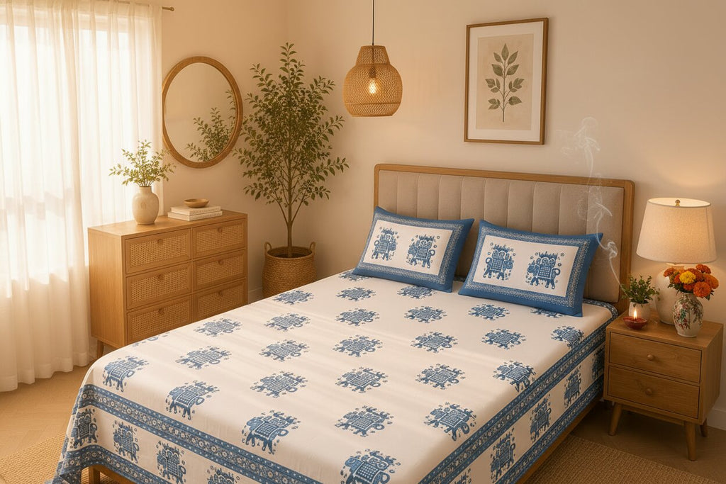 MVB Royal Blue Elephant Ride Double Bedsheet | Mercerised Cotton | 200 GSM