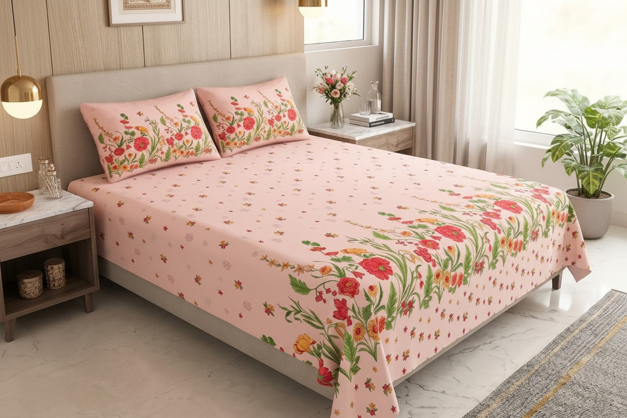 Baby Pink Poppies in Bloom Pure Cotton King Size Bedsheet