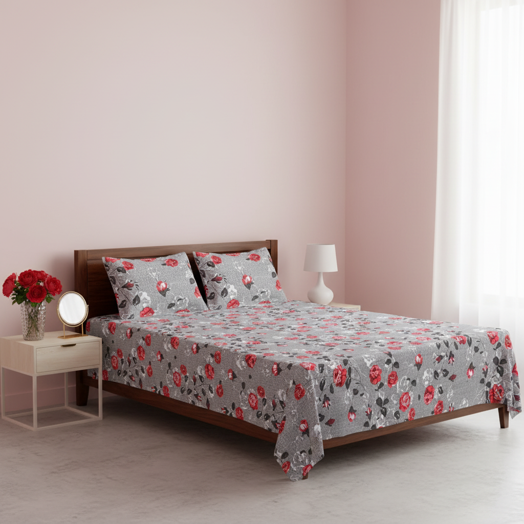MVB Rose Garden Double Bedsheet | Grey Floral Print | 160TC | With 2 Pillow Covers