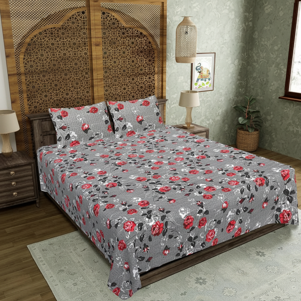 MVB Rose Garden Double Bedsheet | Grey Floral Print | 160TC | With 2 Pillow Covers