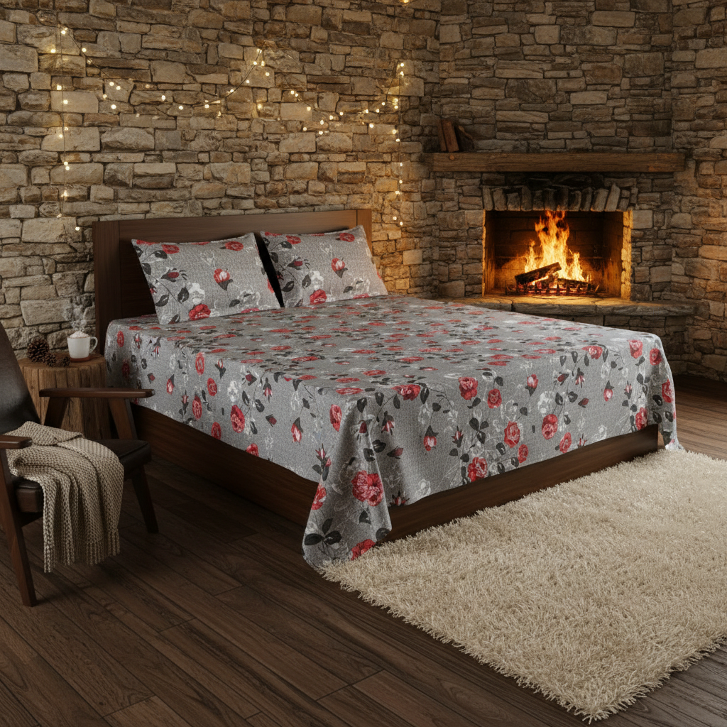 MVB Rose Garden Double Bedsheet | Grey Floral Print | 160TC | With 2 Pillow Covers