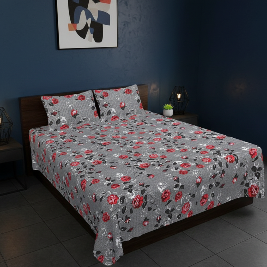 MVB Rose Garden Double Bedsheet | Grey Floral Print | 160TC | With 2 Pillow Covers
