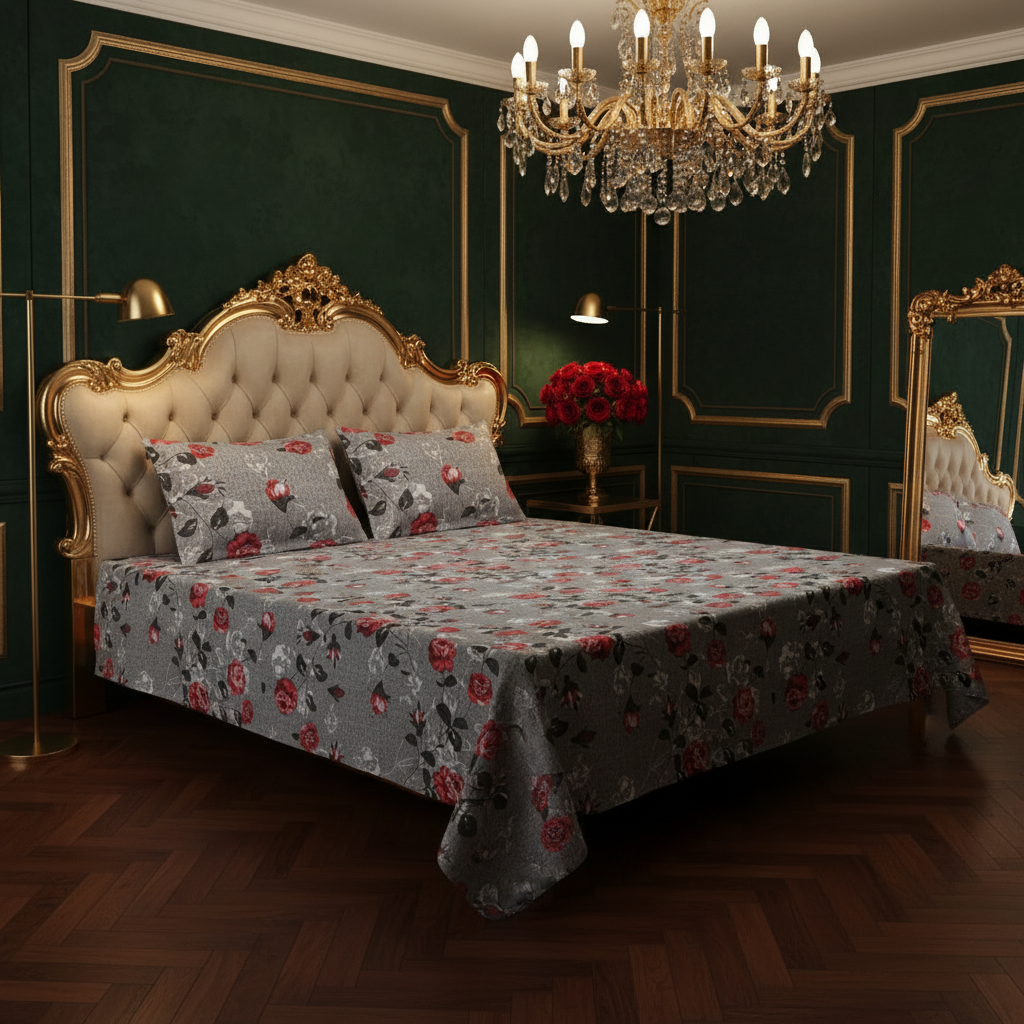 MVB Rose Garden Double Bedsheet | Grey Floral Print | 160TC | With 2 Pillow Covers