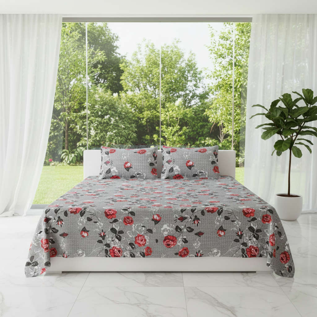 MVB Rose Garden Double Bedsheet | Grey Floral Print | 160TC | With 2 Pillow Covers