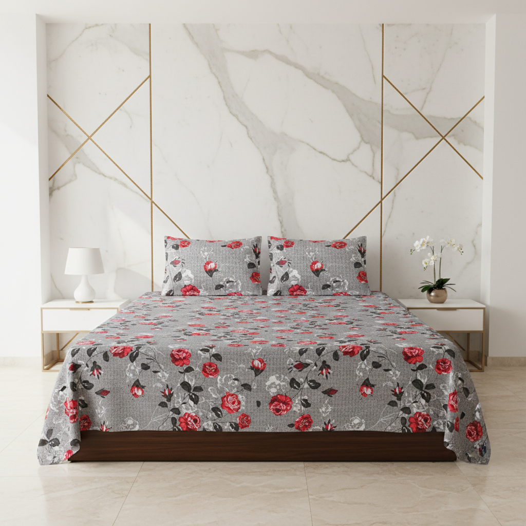 MVB Rose Garden Double Bedsheet | Grey Floral Print | 160TC | With 2 Pillow Covers