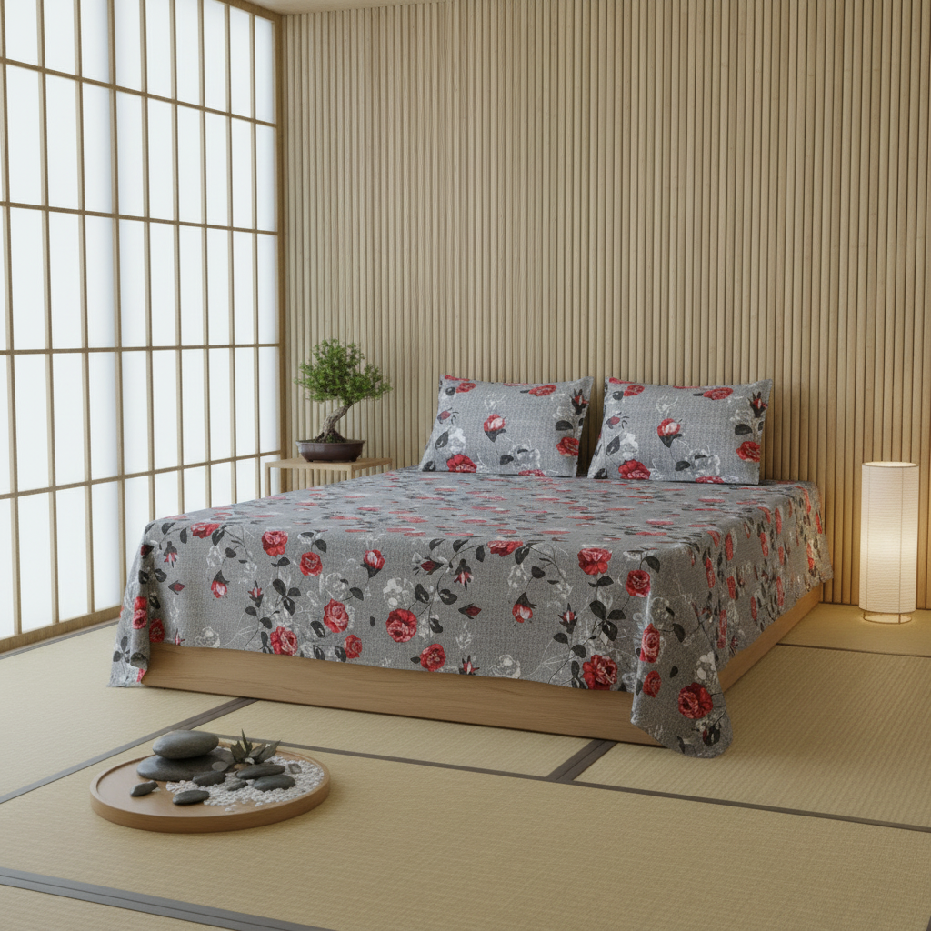 MVB Rose Garden Double Bedsheet | Grey Floral Print | 160TC | With 2 Pillow Covers