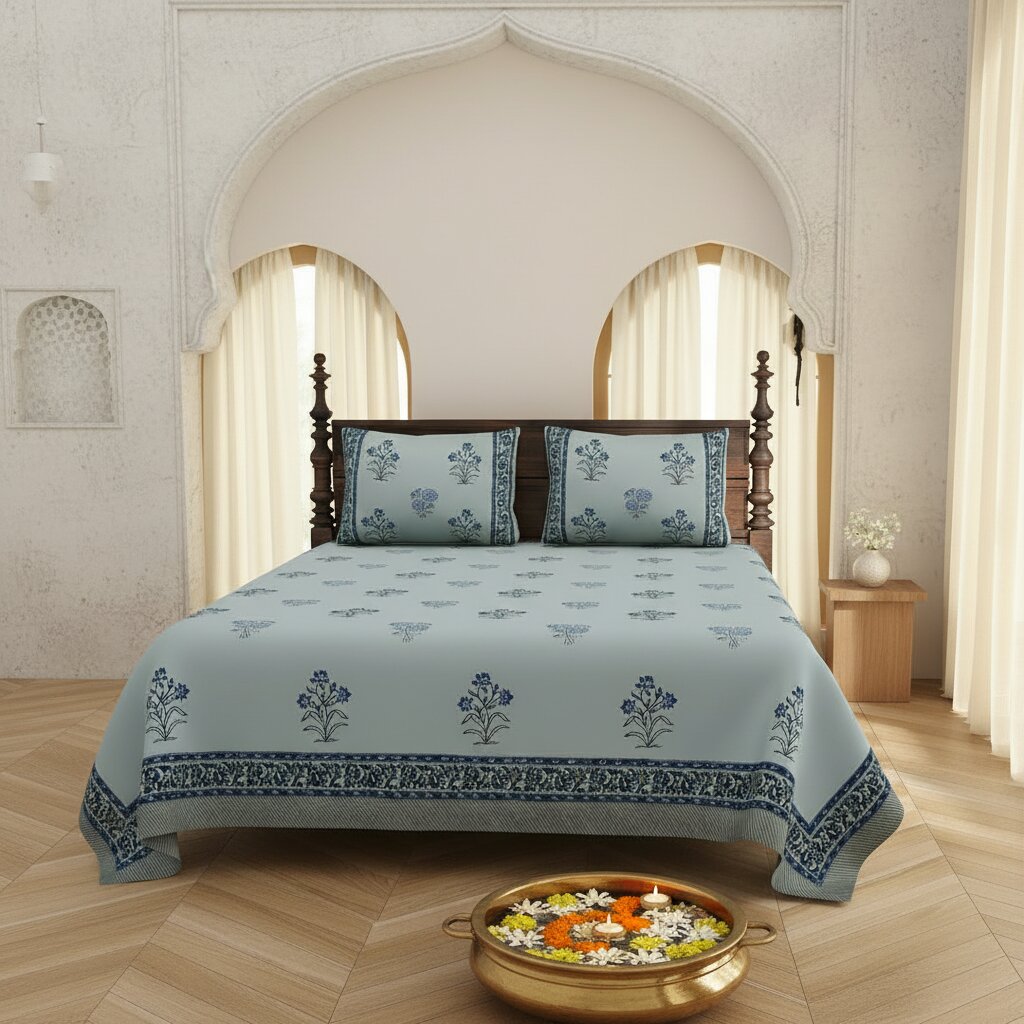 Powder Blue Indigo Floral Hand Block Print King Size Bedsheet | 400 TC 100% Pure Cotton